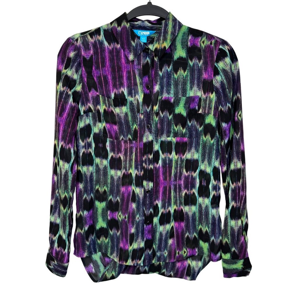 LAmour Nanette Lepore Size XS Colorful Long Sleeve Sheer Button-Up Shirt Art 60s